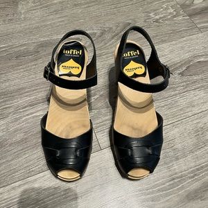Swedish Hasbeens wooden clog, black leather